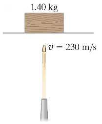 Illustration showing a 1.40 kg block of wood at rest above a gun firing a bullet at 230 m/s vertically.