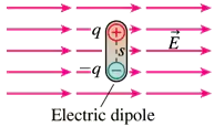 Electric dipole with charges ±q, separated by distance s, in an electric field E, illustrating torque effects.