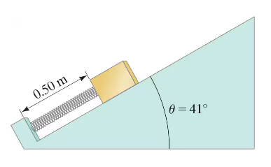A compressed spring on a frictionless slope, with a mass at its end, angled at 41° and compressed to 0.50 m.