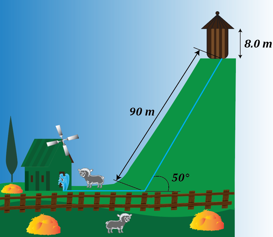 Illustration of a farm with a water tank, pipe, and mountain, depicting fluid mechanics concepts.