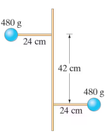 Two perpendicular rods with 480 g masses at each end, spaced 42 cm apart, mounted on a rotating axle.