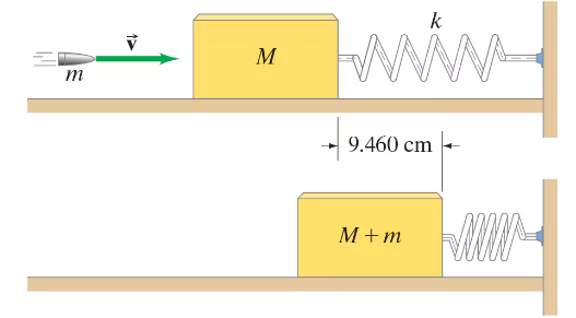 Diagram showing a bullet impacting a block attached to a spring, illustrating spring compression and mass variables.