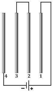 Diagram of four parallel conducting plates connected to form two capacitors with shared plates and a battery circuit.