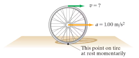 Illustration of a bicycle tire showing acceleration and velocity, with a point on the tire at rest momentarily.