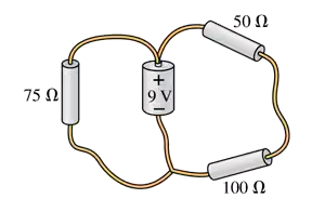 Circuit diagram showing a 9V battery connected to three resistors: 75Ω, 50Ω, and 100Ω in a combination circuit.
