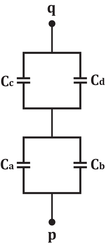 Circuit diagram showing four capacitors Ca, Cb, Cc, Cd with values for calculating charges.