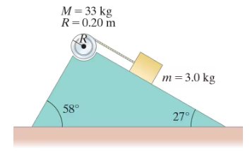 Diagram showing a block on an inclined plane connected by a cord to a cylinder, with angles and masses labeled.