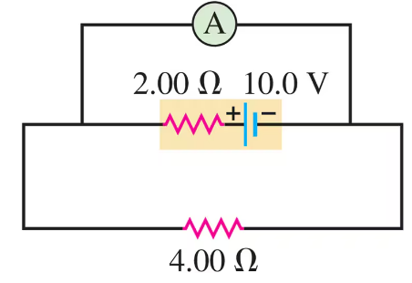 Circuit with ammeter, 10V battery, 2Ω and 4Ω resistors in series.