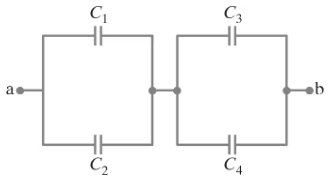 Circuit diagram showing capacitors C₁, C₂, C₃, and C₄ arranged in a combination with labeled terminals a and b.