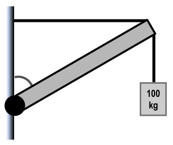 Diagram of a 4m beam hinged to a wall at 53°, supported by a horizontal cable and holding a 100kg weight.