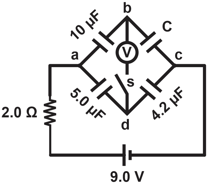 Circuit diagram showing capacitors and a resistor for solving capacitor circuits in physics.