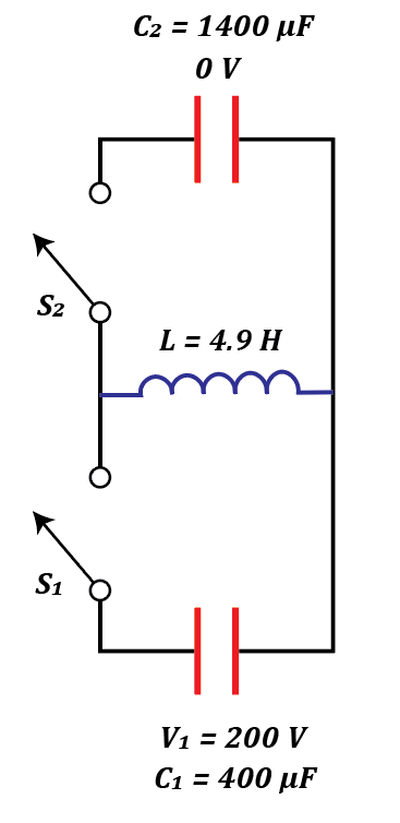 Circuit diagram showing two capacitors, one charged and one uncharged, with switches S1 and S2.