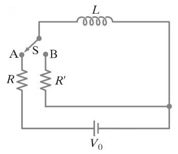 Circuit diagram showing a switch S, resistors R and R', an inductor L, and a voltage source V₀, illustrating current decay.