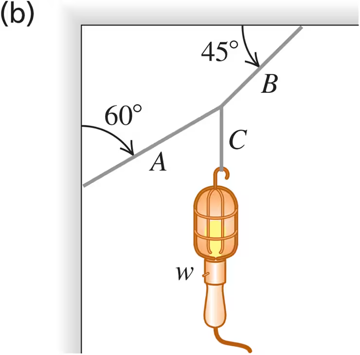 Diagram showing a suspended object with weight w, supported by two cords at angles of 60° and 45°.