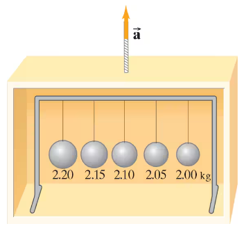 Five hanging balls with varying masses are supported by fishing lines, illustrating tension forces in an accelerating elevator.