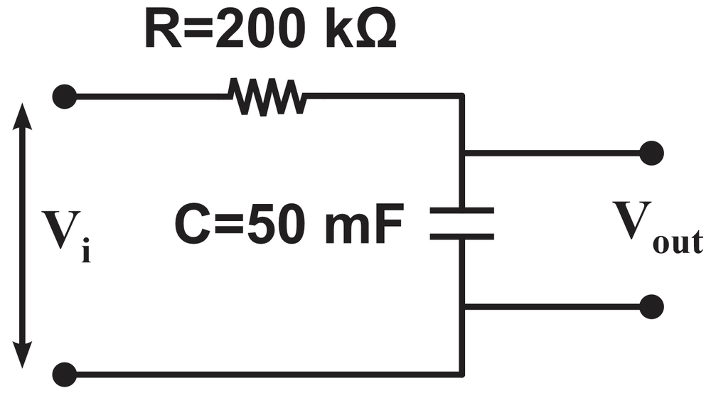 Circuit diagram showing a capacitor and resistor in series with input and output voltages.