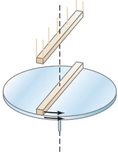 A uniform disk spins while a nonrotating rod is dropped onto it, illustrating angular momentum conservation.