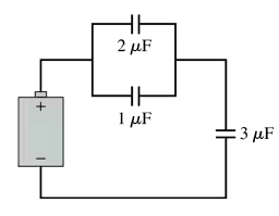 Circuit diagram showing a battery connected to three capacitors: two in series (2 µF and 1 µF) and one in parallel (3 µF).