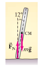 A tire leaning 12° to the right, with forces of gravity and normal force illustrated, showing rotational dynamics concepts.