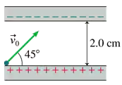 Diagram showing two parallel plates 2.0 cm apart with an electron launched at a 45° angle from the positive plate.