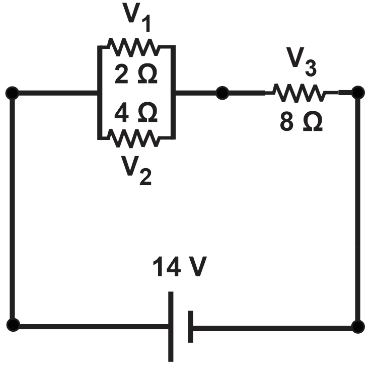 Circuit diagram showing three resistors (2Ω, 4Ω, 8Ω) and voltage drops V1, V2, V3.