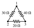 Circuit diagram showing three resistors: 30Ω, 40Ω, and 20Ω, arranged in a triangle with connection points labeled 1, 2, and 3.