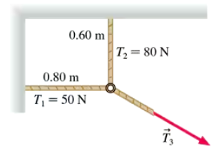 Diagram showing a ring connected to three ropes with tensions T1, T2, and T3, illustrating forces in equilibrium.