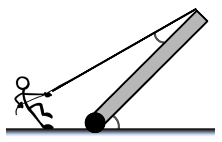 Stick figure pulls a rope at 30° to a 10 m beam leaning at 53° on a hinge, illustrating rotational equilibrium.