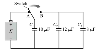 Circuit diagram showing a switch and three capacitors labeled C₁, C₂, and C₃ with values 10 μF, 12 μF, and 8 μF.
