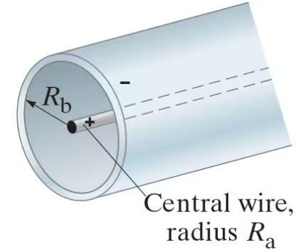 Illustration of a Geiger counter showing a central positively charged wire and a surrounding negatively charged cylinder.