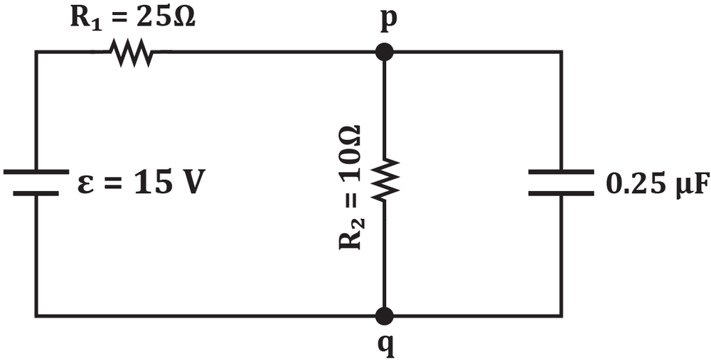 Circuit diagram showing a 25Ω resistor in series with a parallel 10Ω resistor and 0.25μF capacitor powered by a 15V battery.