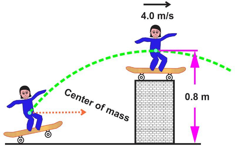 A skateboarder jumps over a barrier, rising 0.8 m with a speed of 4.0 m/s at the apex.