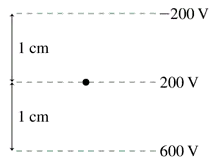 Diagram showing electric potential values of 200 V and 600 V at specified distances, with a dot indicating a point of interest.