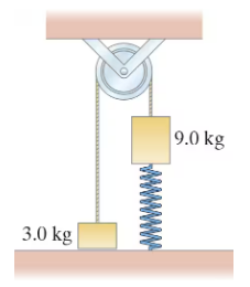 Diagram showing a pulley system with a 9.0 kg mass compressing a spring and a 3.0 kg mass suspended below.