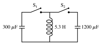Circuit diagram showing a 300 μF capacitor, a 1200 μF capacitor, and a 5.3 H inductor with two open switches.