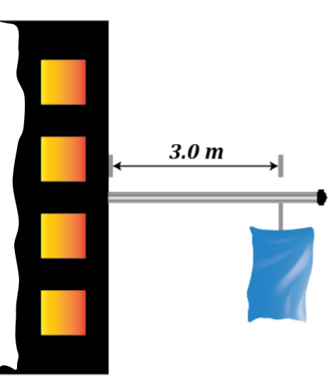Diagram showing a flagpole with a 5.0-kg flag 3.0 m from a building, illustrating torque and equilibrium concepts.