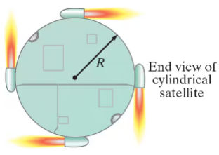 End view of a cylindrical satellite with four tangential rockets firing, labeled with radius R.