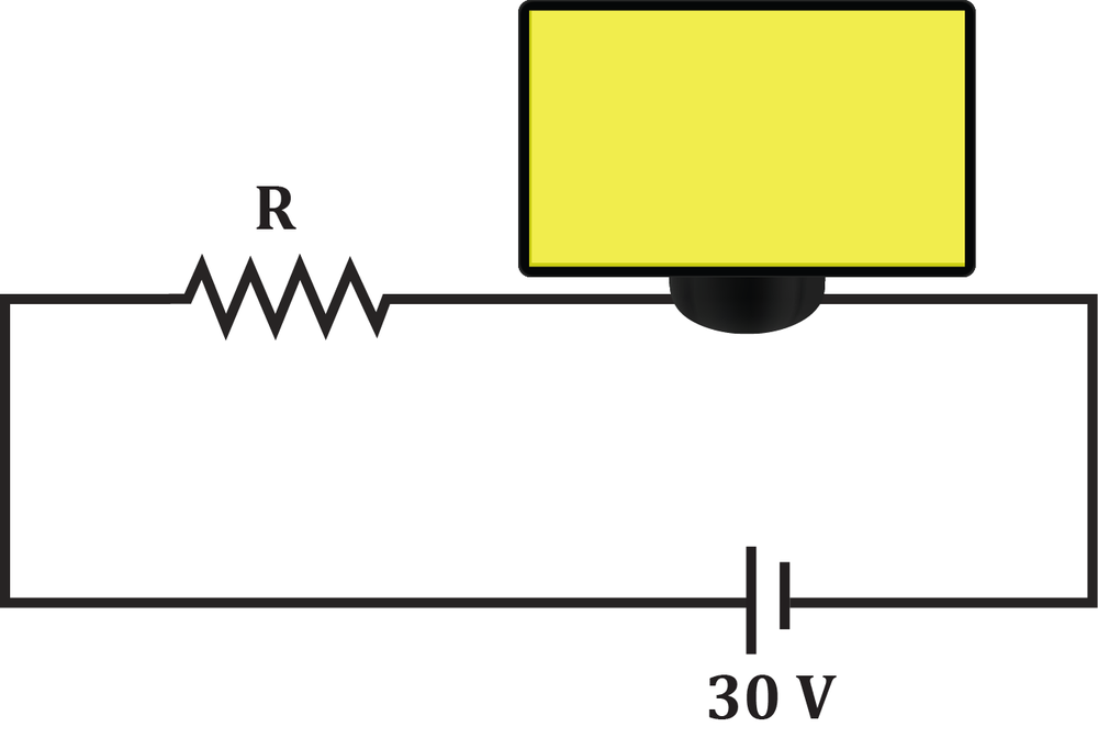 Circuit diagram showing a resistor and LED connected in series to a 30-volt battery with given power and voltage values.
