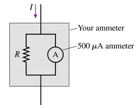 Schematic showing a circuit with a 500 μA ammeter and a resistor labeled "R" in parallel, indicating current flow.