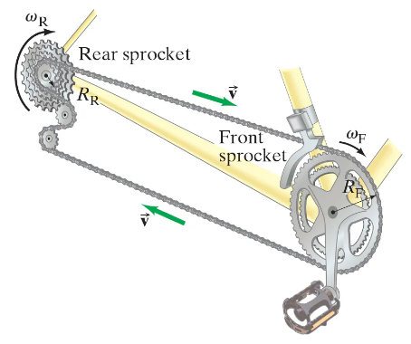 Diagram showing the relationship between the angular velocities of a bicycle's rear wheel and front sprocket, with labeled components.