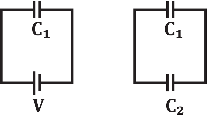 Diagram showing capacitors C1 in series and C2 in parallel with voltage V, illustrating capacitor combinations.