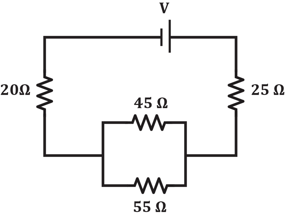 Circuit diagram with resistors of 20Ω, 25Ω, 45Ω, and 55Ω connected to a battery labeled V.