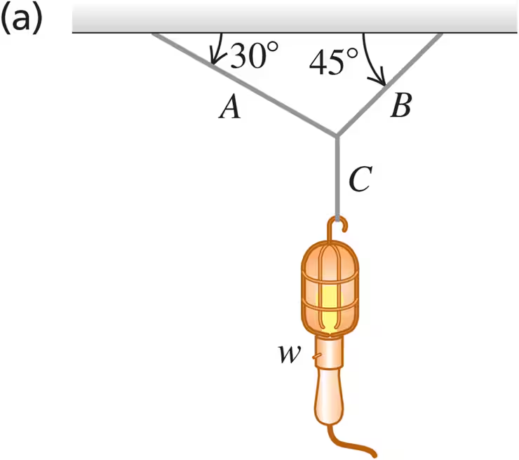 Diagram showing a suspended object with weight 'w' and two cords at angles of 30° and 45°, labeled A, B, and C.
