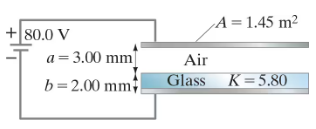 Diagram of a capacitor connected to an 80.0-V battery, showing dimensions and materials involved in the electric field calculation.