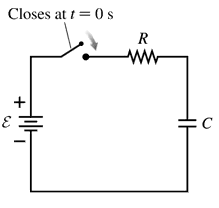 Schematic diagram of a resistor-capacitor circuit showing a switch that closes at time t = 0 seconds.