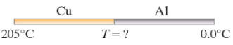 Copper and aluminum rods joined, with one end at 205°C and the other at 0°C, asking for the temperature at the junction.