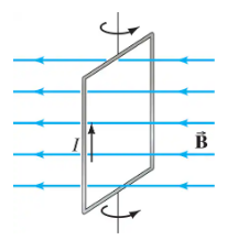 Illustration of a current-carrying loop in a magnetic field, showing current direction and magnetic field lines.