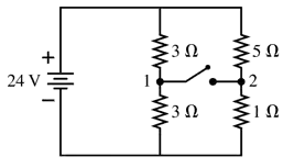 Schematic diagram of a circuit with a 24V battery, resistors, and a switch, labeled with points 1 and 2.