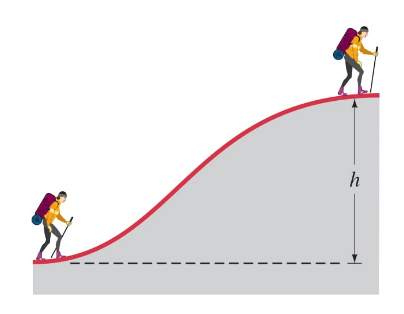 Two hikers ascend an irregularly curved hill, with a height labeled 'h' indicating the vertical distance.