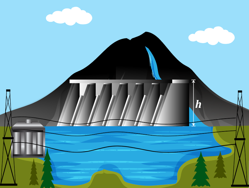 Illustration of a hydroelectric power plant with a mountain reservoir and penstock, showing water flow.